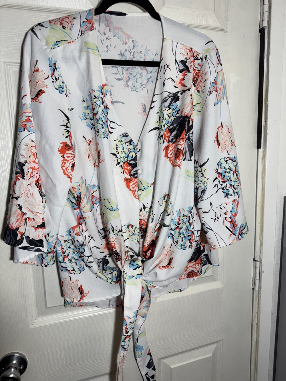Floral Tie-Front Blouse - White with Coral & Blue
